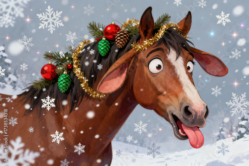 Goofy cartoon horse with its tongue out, wearing a festive Christmas garland with ornaments and pinecones, surrounded by falling snowflakes in a winter wonderland