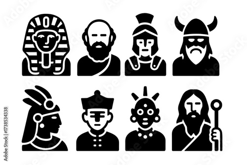 Ancient Icons Grid. Solid, filled icon set of ancient civilizations' ancestors: Egyptian pharaoh, Greek philosopher, Roman centurion, Viking warrior, Mayan