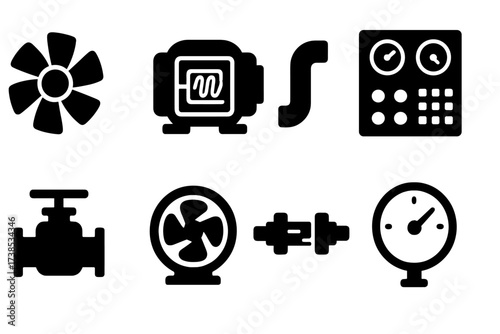 Steam Turbine Icon Set. Solid, filled icon set of steam turbines and generators: turbine blade, generator coil, steam pipe, control panel, valve, cooling fan,