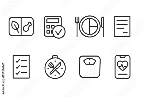 Diet Plan Icons. Outline icon set of serving size for diet plans: meal prep box, calorie counter, portion plate, nutrition label, checklist, meal timer, weight