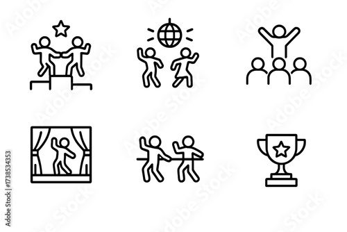 Dance Event Icons. Outline icon set of dance events: dance competition, party, flash mob, recital, rehearsal, concert, dance class, award ceremony. [Line icons