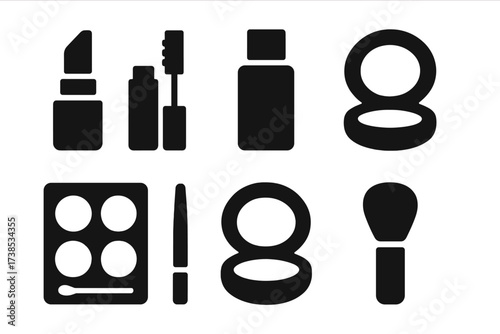 Makeup Icons Grid. Solid, filled icon set of makeup items: lipstick, mascara, foundation, blush, eyeshadow palette, eyeliner, compact powder, makeup brush.