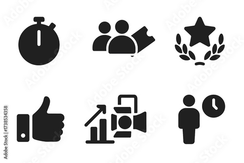 Performance Metrics Icons. Solid, filled icon set of performance metrics: duration, audience size, ticket sales, critical acclaim, social media engagement,