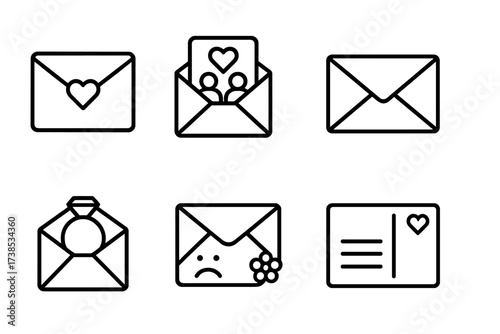 Love Letter Icons. Outline icon set of love letter occasions: Valentine?s card, anniversary letter, wedding invitation, secret note, proposal letter, apology