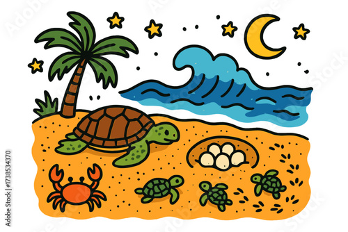 Sea Turtle Nesting. Sea turtle nesting. Colorful Hand-drawn doodle Children illustration sea turtle nesting turtle on beach, turtle eggs, sandy nest,