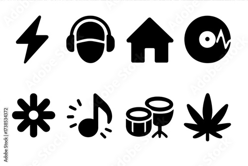 DJ Music Icons. Solid, filled icon set of DJ music genres: electronic, hip hop, house, techno, trance, dubstep, drum and bass, reggae. Solid, filled icons in