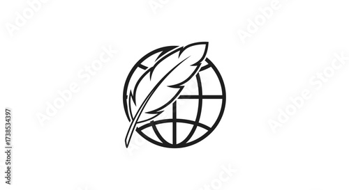 Feather and globe illustration representing global communication or writing services around the