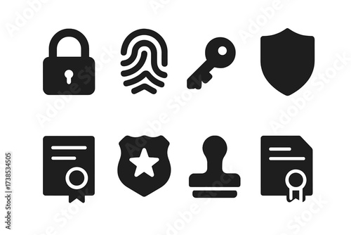 Security Seal Icons. Solid, filled icon set of seal icons for security: padlock, fingerprint, key, shield, certificate, badge, stamp, official document. Solid,