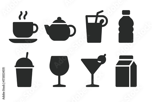 Beverage Icon Set. Solid, filled icon set of hand-picked beverages: coffee cup, tea pot, juice glass, water bottle, smoothie, wine glass, cocktail, milk