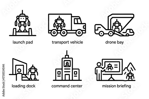 Military Robot Icons. Outline icon set of military robot deployment: launch pad, transport vehicle, drone bay, deployment ramp, loading dock, command center,
