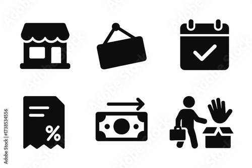 Business Closure Icons. Solid, filled icon set of business closing: storefront closed, signboard down, locked door, calendar marked, receipt finalized, bank