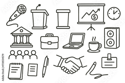 Banking Event Icons. Hand-drawn doodle illustration Banking event essentials microphone, podium, presentation screen, laptop, speaker, audience, financial