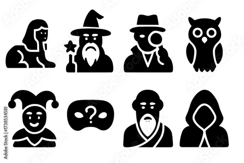 Riddle Icons Grid. Solid, filled icon set of riddle characters: sphinx, wizard, detective, owl, jester, riddler mask, ancient sage, mysterious hooded figure.