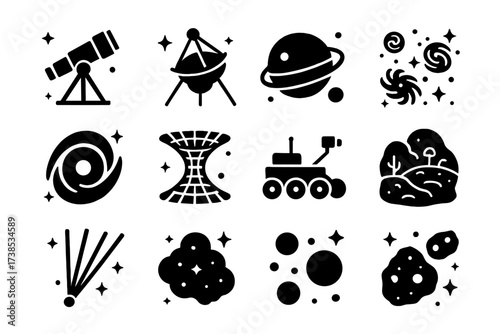 Cosmic Exploration Icons. Cosmic exploration. Solid icons set of deep space telescope, interstellar probe, exoplanet, galaxy cluster, black hole, wormhole,