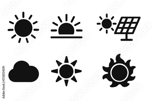 Sunlight Icon Grid. Solid, filled icon set of sunlight concepts: sun, sun rays, sunrise, sunset, solar panel, sun with clouds, sunbeam, solar flare. [Line