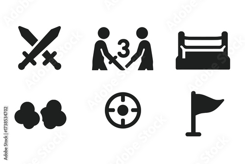 Duel Icon Set. Solid, filled icon set of duel scenes: crossed swords, duelists facing, duel countdown, duel arena, smoke clouds, target, duel flag, duel