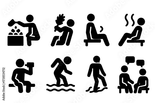 Sauna Activity Icons. Solid, filled icon set of sauna activities: pouring water on stones, applying birch whisk, resting, breathing steam, drinking water,
