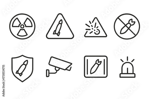 Missile Warning Icons. Outline icon set of missile-related warning signs: radiation symbol, danger sign, explosive warning, no entry, security badge,