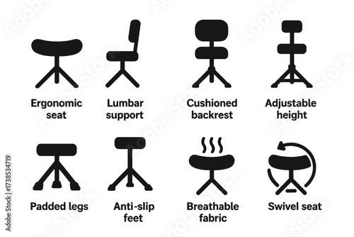 Drum Throne Features Icons. Solid, filled icon set of drum throne comfort features: ergonomic seat, lumbar support, cushioned backrest, adjustable height,