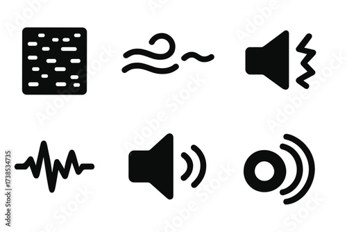 Noise Icon Collection. Solid, filled icon set of noise types: static, hiss, hum, buzz, crackle, roar, whistle, echo. Solid, filled icons in only black color.