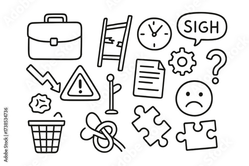 Career Setbacks Icons. Hand-drawn doodle illustration Career consequences briefcase, downward arrow, broken ladder, clock, document, crumpled paper, sigh