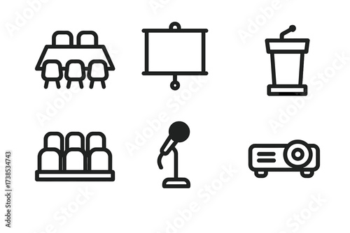 Empty Office Icons. Solid, filled icon set of empty corporate office: empty conference room, no people, blank presentation screen, empty podium, vacant