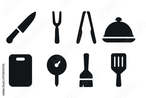 Meat Utensil Icons. Solid, filled icon set of meat platter utensils: carving knife, fork, tongs, serving platter, cutting board, meat thermometer, basting