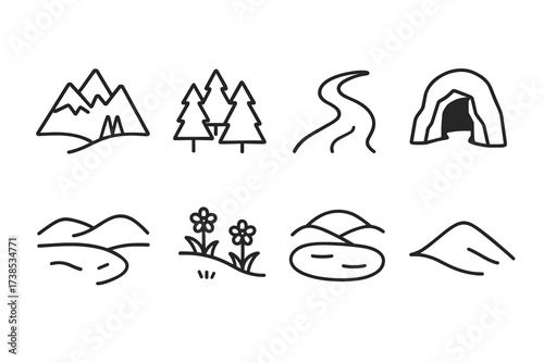European Icon Sets. Outline icon set of Slovak geography: Tatras mountains, forests, rivers, caves, valleys, meadows, lakes, hills. Line icons in onOutline