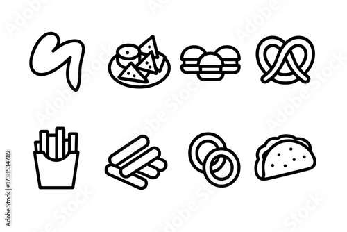 Bar Food Icons. Outline icon set of bar food: chicken wings, nachos, sliders, pretzels, fries, mozzarella sticks, onion rings, tacos. [Line icons in only black