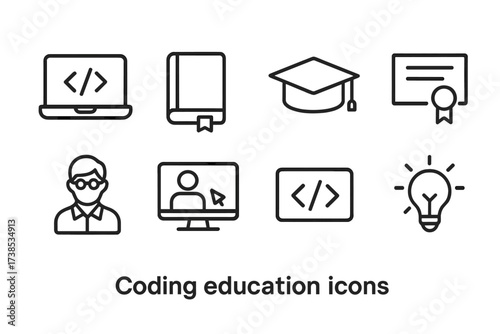 Coding Education Icons. Outline icon set of coding education: laptop with code, book, graduation cap, certificate, teacher, online course, code snippet, light