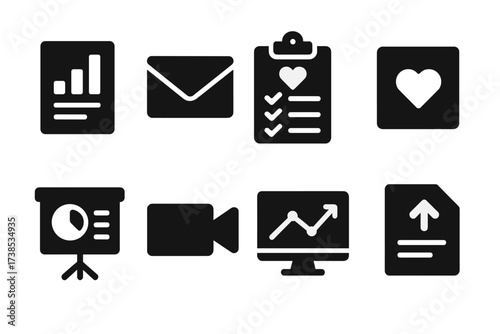 Presentation Icon Set. Solid, filled icon set of presentation follow-up: report, email, survey, thank you note, summary, recording, analytics, next steps.