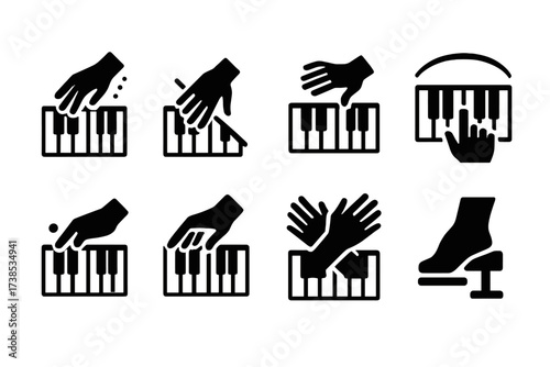 Piano Techniques Icons. Solid, filled icon set of piano techniques: arpeggio, glissando, two-hand playing, legato, staccato, octave reach, hand crossing,