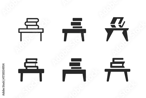 Workspace Logo Variations. Tidying workspace. Set Logo of Tidying workspace: Desk with books stacked neatly. harmonious logo variations of the same emblematic