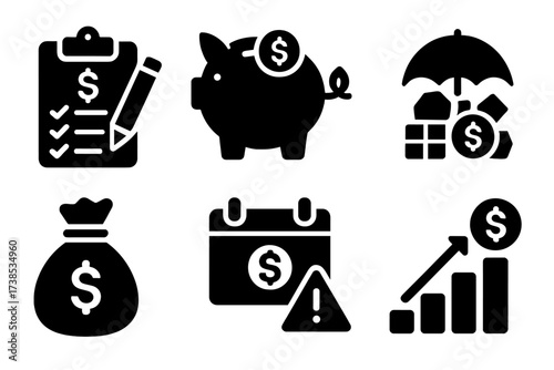 Recession Prevention Icons. Solid, filled icon set of recession prevention: financial planning, savings, diversification, insurance, debt management, emergency
