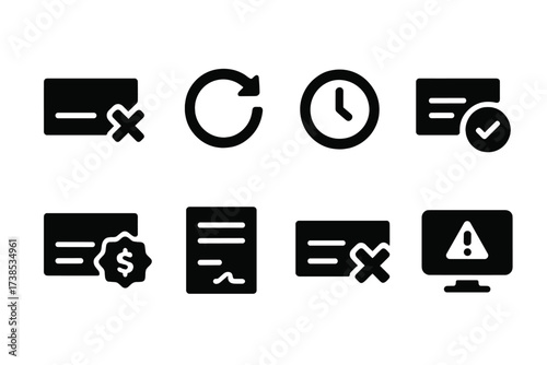 Deposit Icons Set. Solid, filled icon set of deposit errors and status: declined icon, retry arrow, pending icon, confirmed icon, incorrect amount icon,