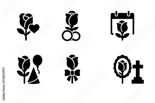 Iconic Rose Occasions. Solid, filled icon set of rose celebrations: Valentine?s Day rose, wedding rose, anniversary rose, birthday rose, prom rose, Mother?s