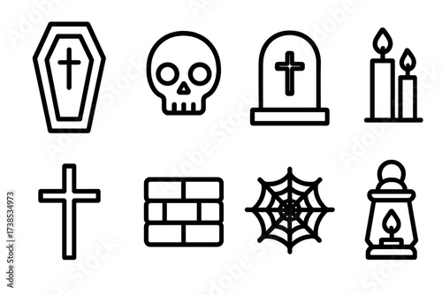 Crypt Icons Collection. Outline icon set of crypt elements: coffin, skull, tombstone, candles, cross, stone wall, spider web, lantern. Line icons in only black