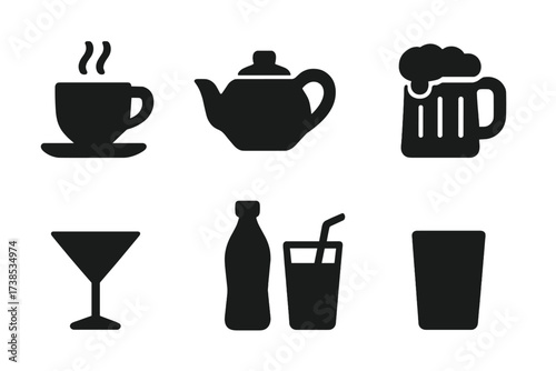 Drink Menu Icons. Solid, filled icon set of drink menu items: coffee cup, tea pot, wine glass, beer mug, cocktail glass, soda bottle, juice glass, water glass.