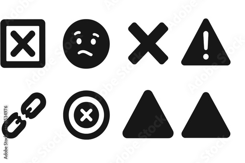 Incorrect Choice Icons. Solid, filled icon set of incorrect choice: wrong box ticked, confused emoji, failed mark, red cross, alert icon, broken link, missed