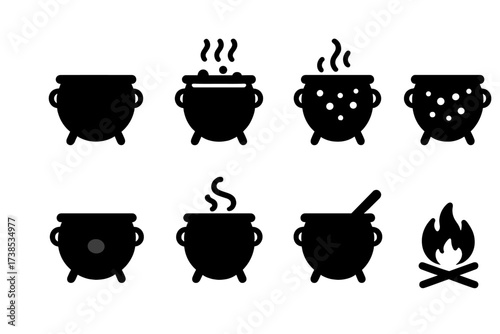 Cauldron Icon Variations. Solid, filled icon set of cauldron states: empty pot, boiling liquid, steaming cauldron, simmering bubbles, glowing content, smoking