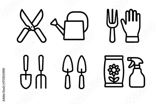 Gardening Tool Icons. Outline icon set of flower-related tools: scissors, watering can, garden fork, gloves, spade, trowel, fertilizer bag, spray bottle. Line