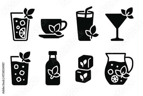 Mint Beverage Icons. Solid, filled icon set of mint in beverages: mojito glass with mint, mint tea cup, mint smoothie, cocktail with mint garnish, iced mint