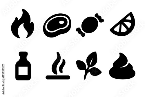 Appetizer Flavor Icons. Solid, filled icon set of appetizer flavor profiles: spicy, savory, sweet, tangy, sour, smoky, herbaceous, creamy. Line icons in only