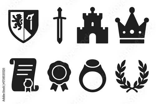 Ancestral Inheritance Icons. Solid, filled icon set of ancestral inheritance: family crest, castle, ancient sword, royal crown, scroll, seal, antique ring,