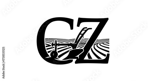 Monochrome CZ logo design with agriculture theme featuring a farm field and plow