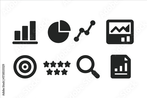 Influence Metrics Icons. Solid, filled icon set of influence metrics: bar chart, pie chart, line graph, analytics dashboard, target, rating stars, magnifying