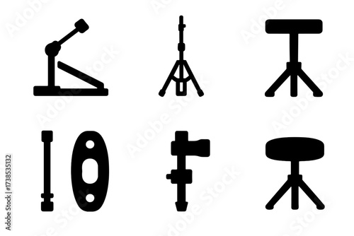 Drum Hardware Icons. Solid, filled icon set of drum hardware: drum pedal, drum stand, hi-hat stand, drum key, tension rod, drum lug, cymbal mount, drum throne.