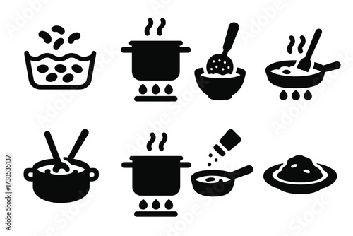 Bean Cooking Icons. Solid, filled icon set of refried beans cooking process: soaking, boiling, mashing, frying, stirring, simmering, seasoning, serving. [Line