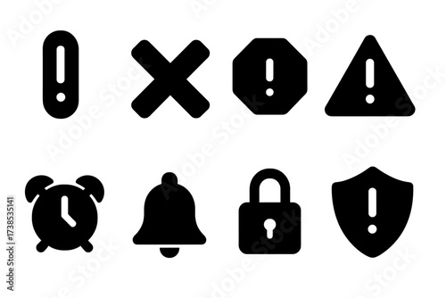 Late Payment Alerts. Solid, filled icon set of late payment warning symbols: exclamation mark, red cross, stop sign, warning triangle, alarm clock, bell