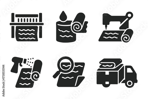 Velvet Production Icons. Solid, filled icon set of velvet production: velvet weaving, velvet dyeing, velvet cutting, velvet stitching, velvet finishing, velvet